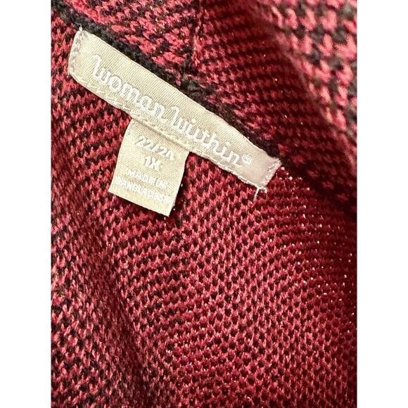 Woman Within Sweater Size 1X 22/24 Red Black Buffalo Plaid Knit Cardigan Holiday - Picture 2 of 3